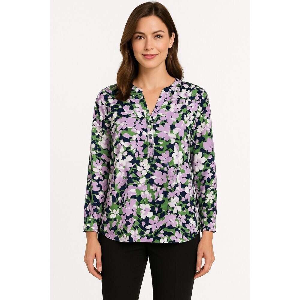 Zac & Rachel Floral Blouse XL Roll Tab Sleeve V-neck Button Tunic Top Romantic
